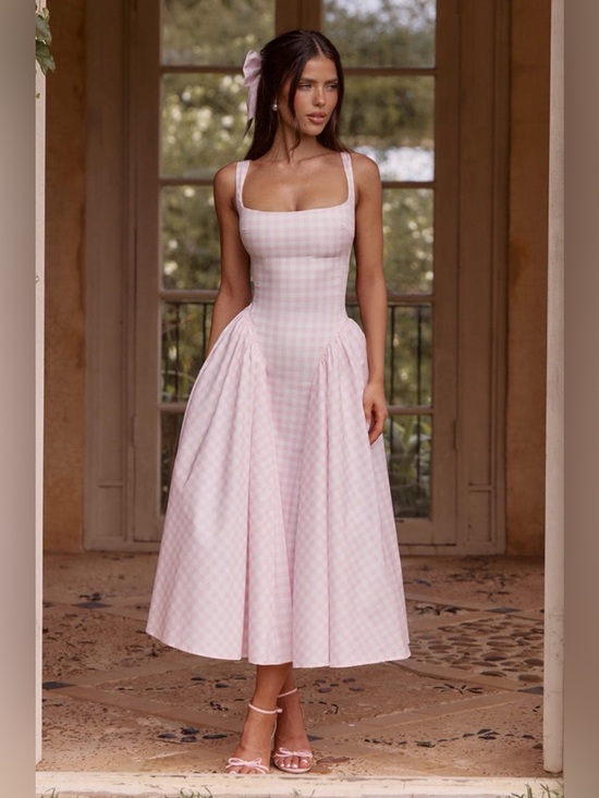 Babyboo Fashion Dresses & Skirts - BABYBOO Sherrie Pink Gingham Square-Neck Midi Dress